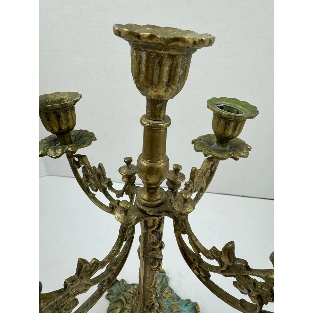 Vintage Ornate Brass 5 Arm Candelabra Ornate Floral Scrollwork Verdigris Patina